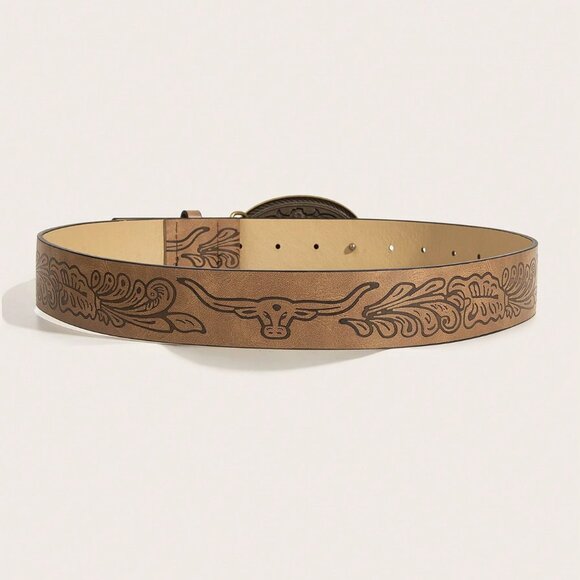 Brown Western Cowgirl Women's Buckle & Embossed Print Belt - Picture 3 of 5